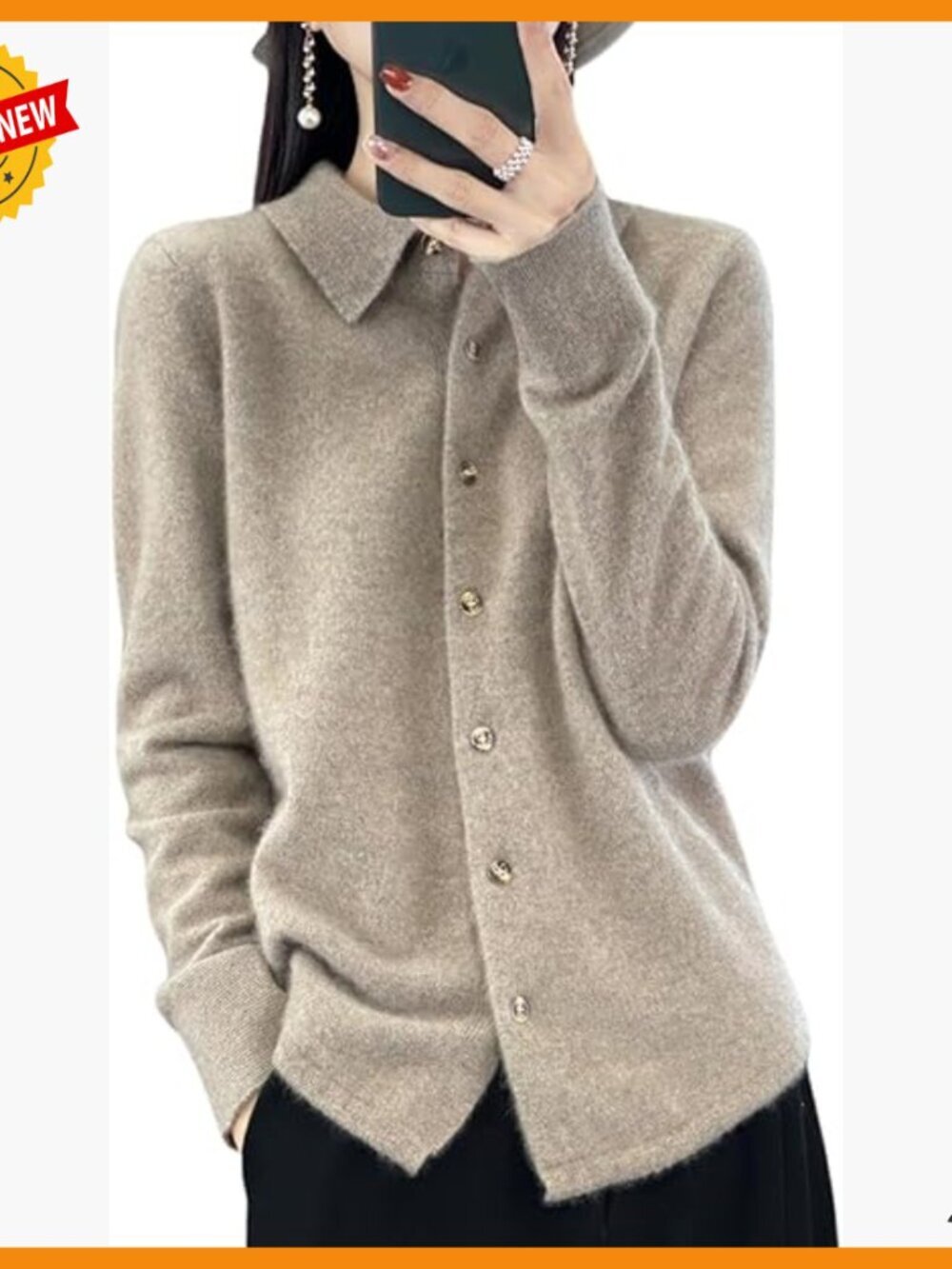 Merino Wool Cardigan Women's Lapel Polo Collar Long Sleeve Knitted Sweater